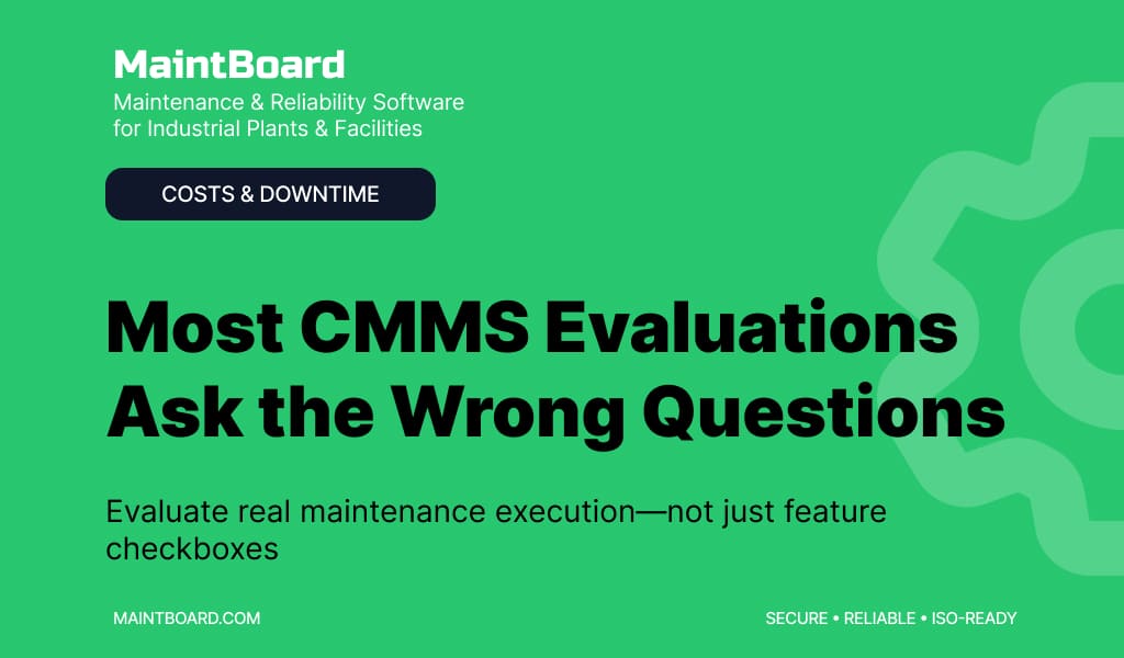 Maintenance team evaluating CMMS software using practical workflows and operational requirements