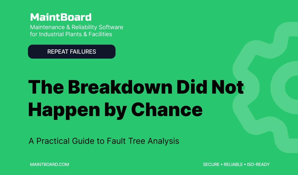 Maintenance team reviewing a fault tree analysis for a repeated machine breakdown