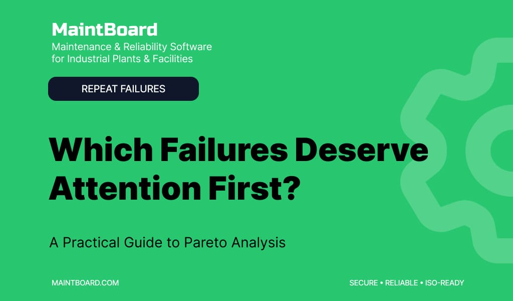 Maintenance team reviewing Pareto chart of repeat failures and downtime