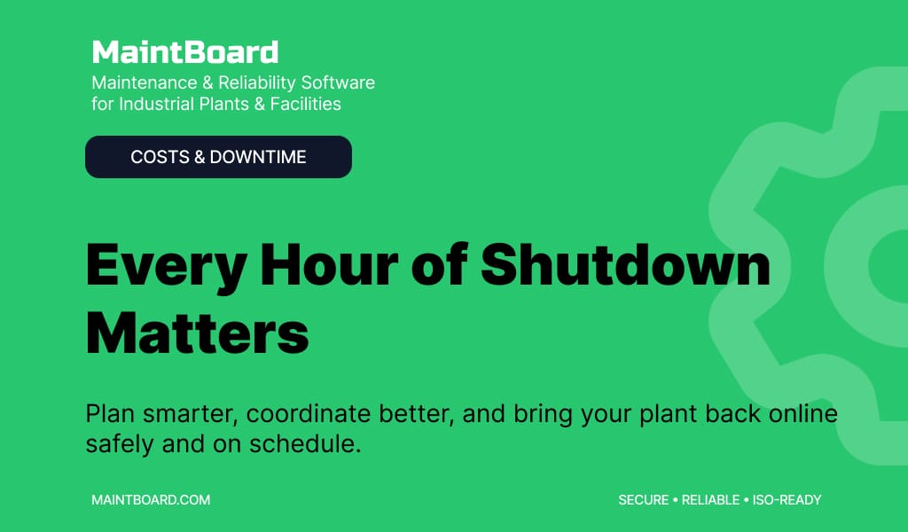 Maintenance team planning a plant shutdown with work orders, equipment, contractors, and schedule displayed on a CMMS dashboard