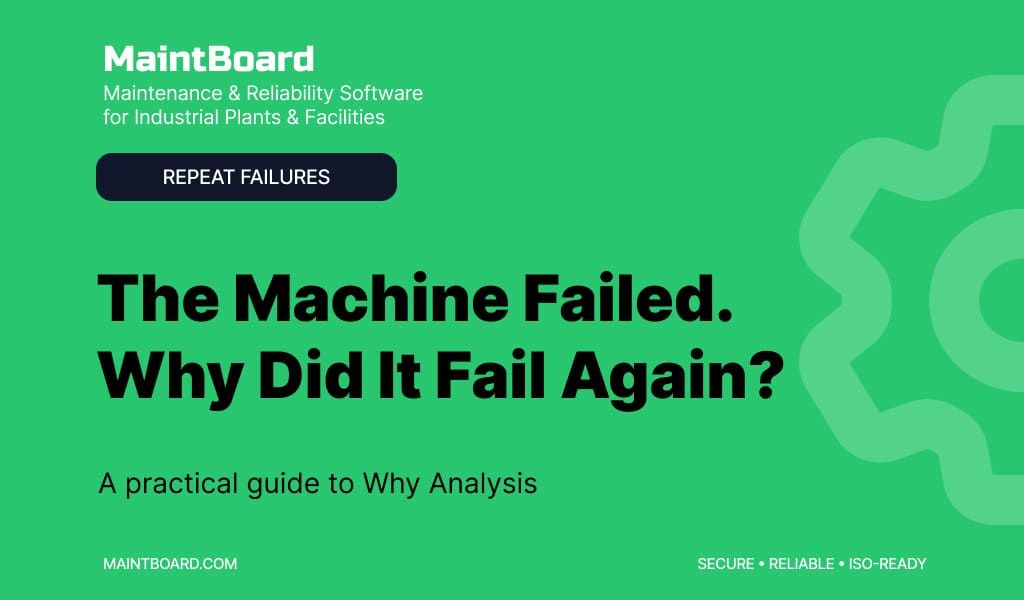 Maintenance supervisor and technician reviewing Why Analysis after a repeated machine breakdown