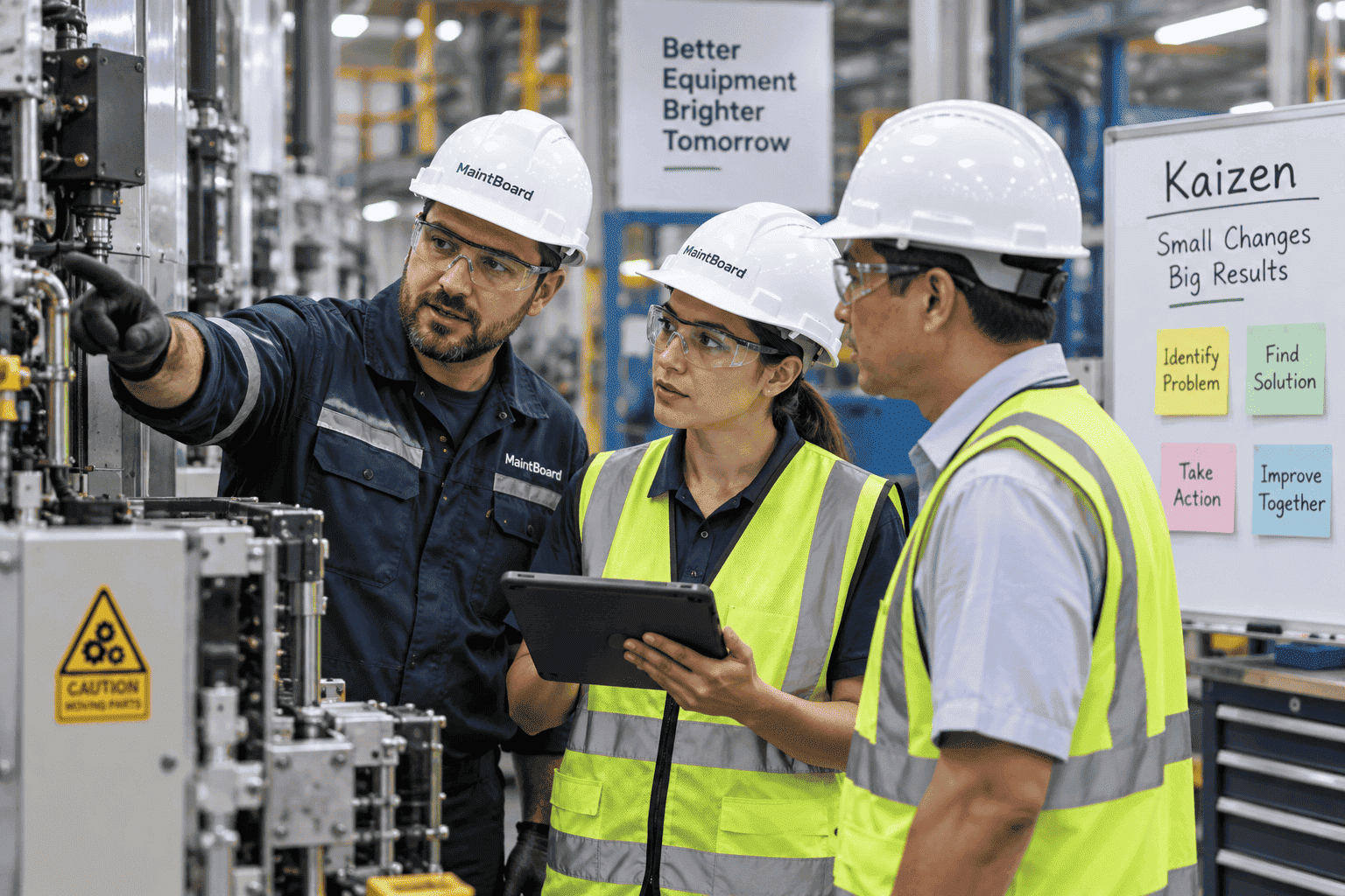 Manufacturing team managing Kaizen ideas and improvement actions