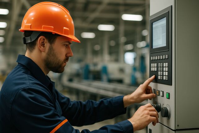 Technician using MaintBoard asset management dashboard in a plant
